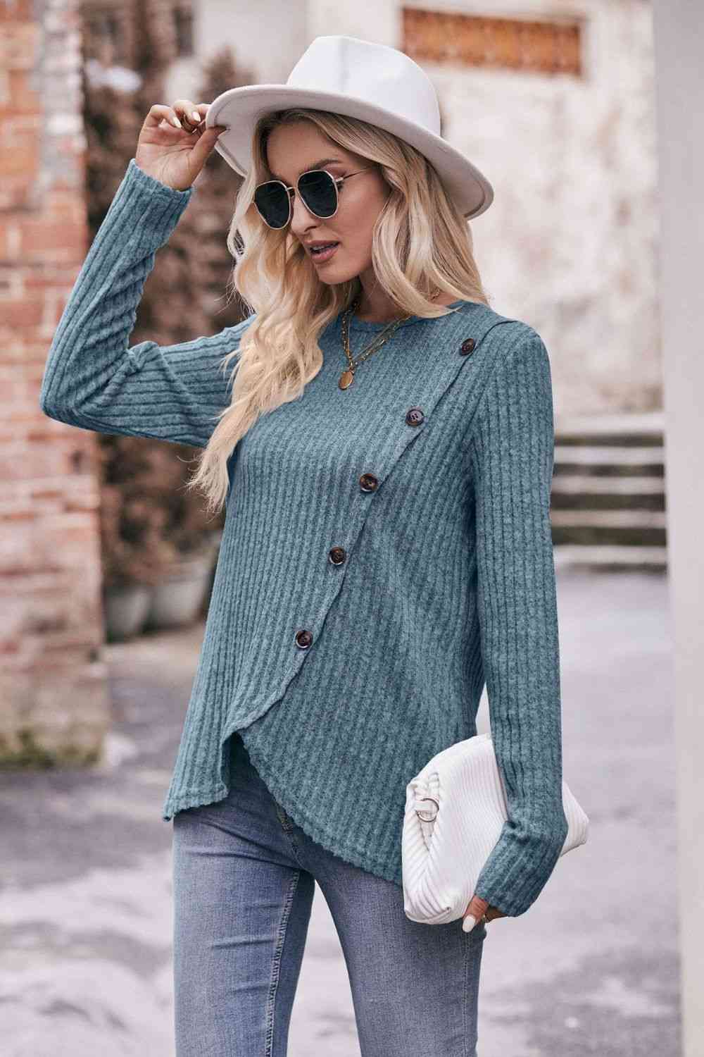 swvws Double Take Ribbed Round Neck Buttoned Long Sleeve Tee