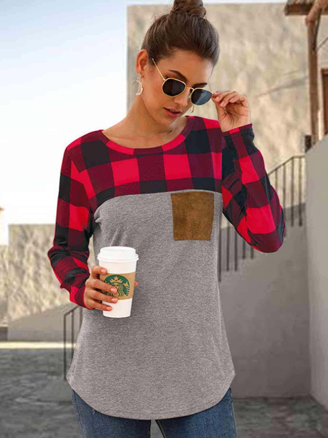 swvws Plaid Round Neck Long Sleeve T-Shirt