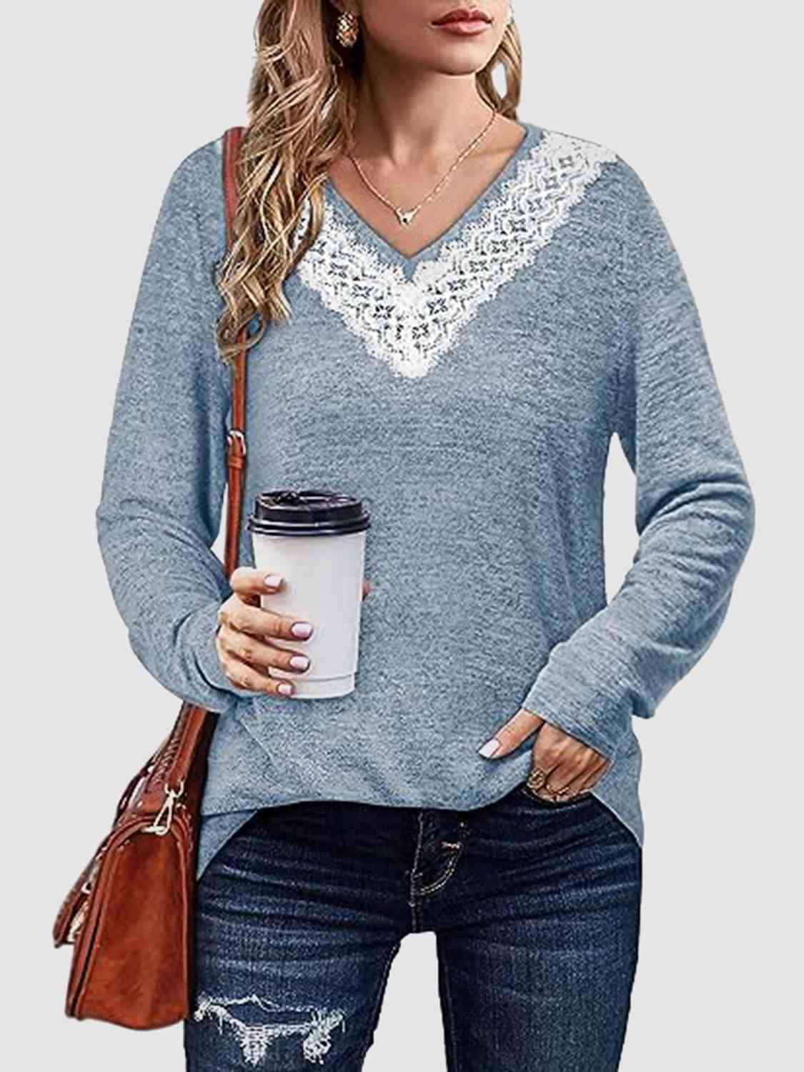 swvws Lace Detail V-Neck Long Sleeve Top