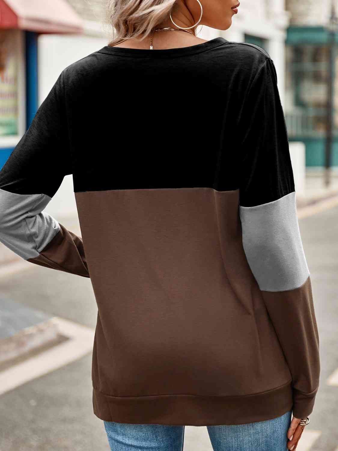 swvws Color Block Cutout Round Neck Long Sleeve T-Shirt