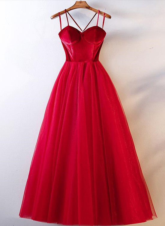 Tmallworld Beautiful Velvet Straps and Tulle Long Formal Dress, Red Party Gown