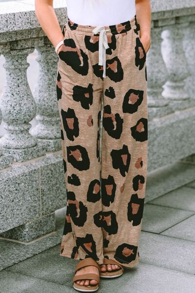 swvws Leopard Drawstring Wide Leg Pants with Pockets