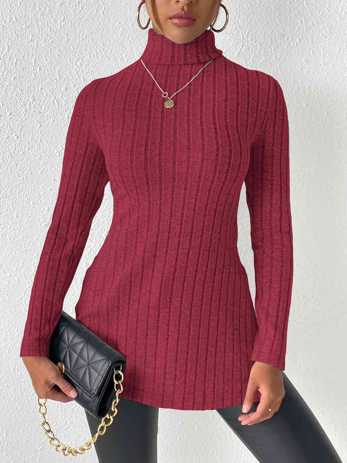 swvws Ribbed Turtleneck Long Sleeve Slit T-Shirt