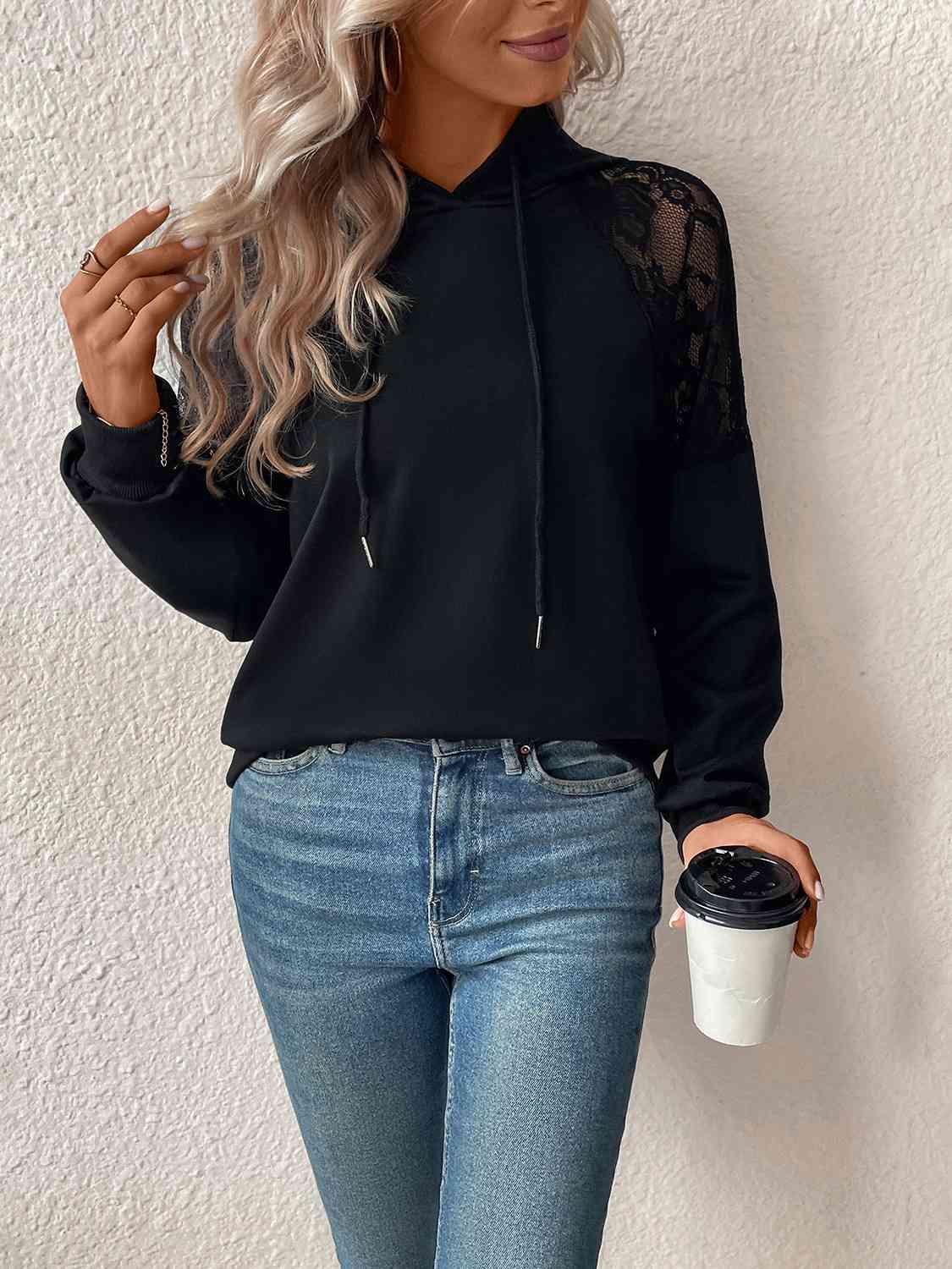 swvws Lace Detail Drawstring Long Sleeve Hoodie