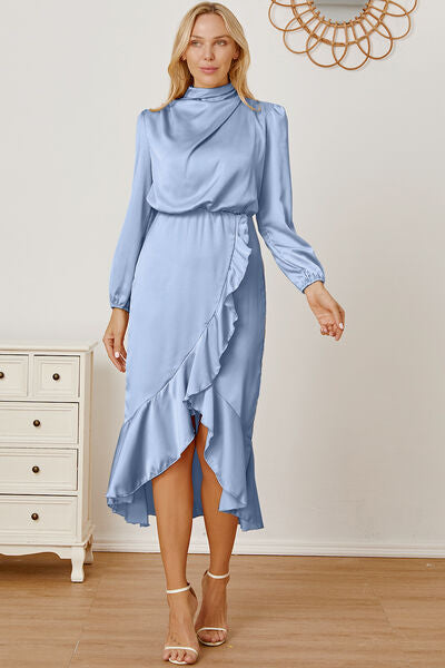 swvws Mock Neck Ruffled Asymmetrical Dress