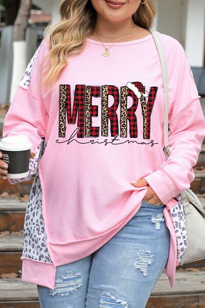 swvws Plus Size MERRY CHRISTMAS Leopard Dropped Shoulder Sweatshirt