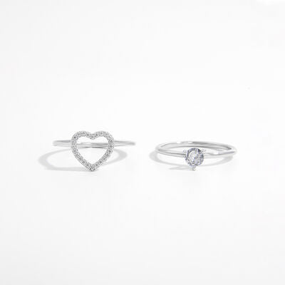 swvws 2 Piece Heart Shape Zircon 925 Sterling Silver Ring