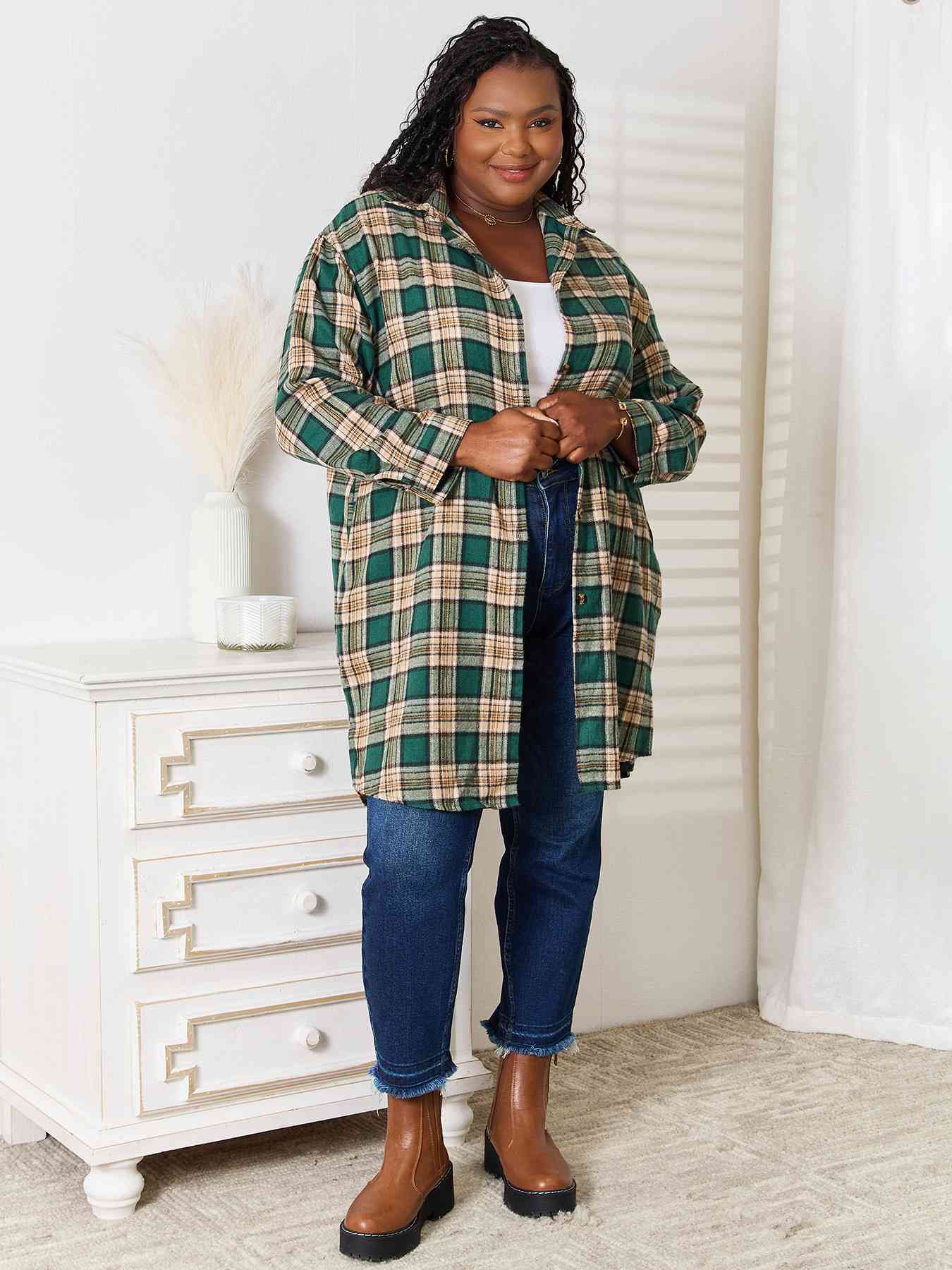 swvws Double Take Plaid Collared Neck Long Sleeve Shirt