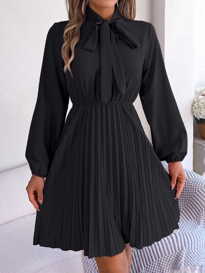 swvws Tie Neck Balloon Sleeve Pleated Dress