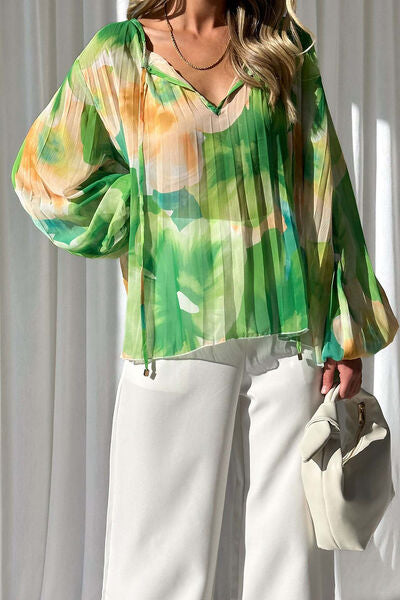 swvws Printed Tie Neck Balloon Sleeve Blouse