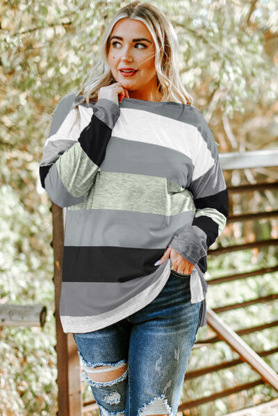 swvws Plus Size Striped Slit Long Sleeve T-Shirt