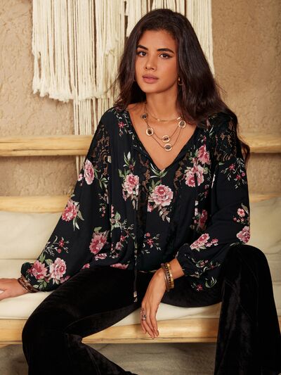 swvws Flower Printed Tie Neck Long Sleeve Blouse