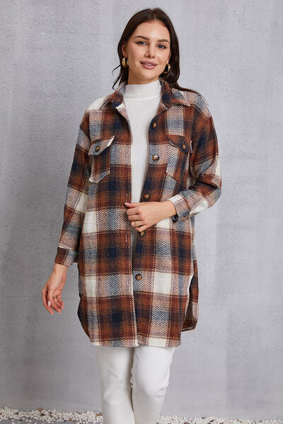 swvws Plaid Button Up Dropped Shoulder Coat with Pockets