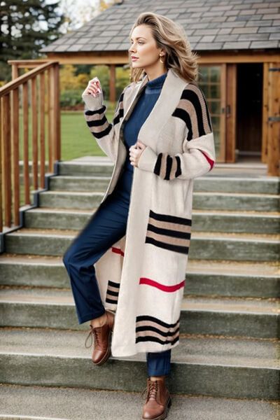 swvws Striped Open Front Long Sleeve Longline Sweater Cardigan