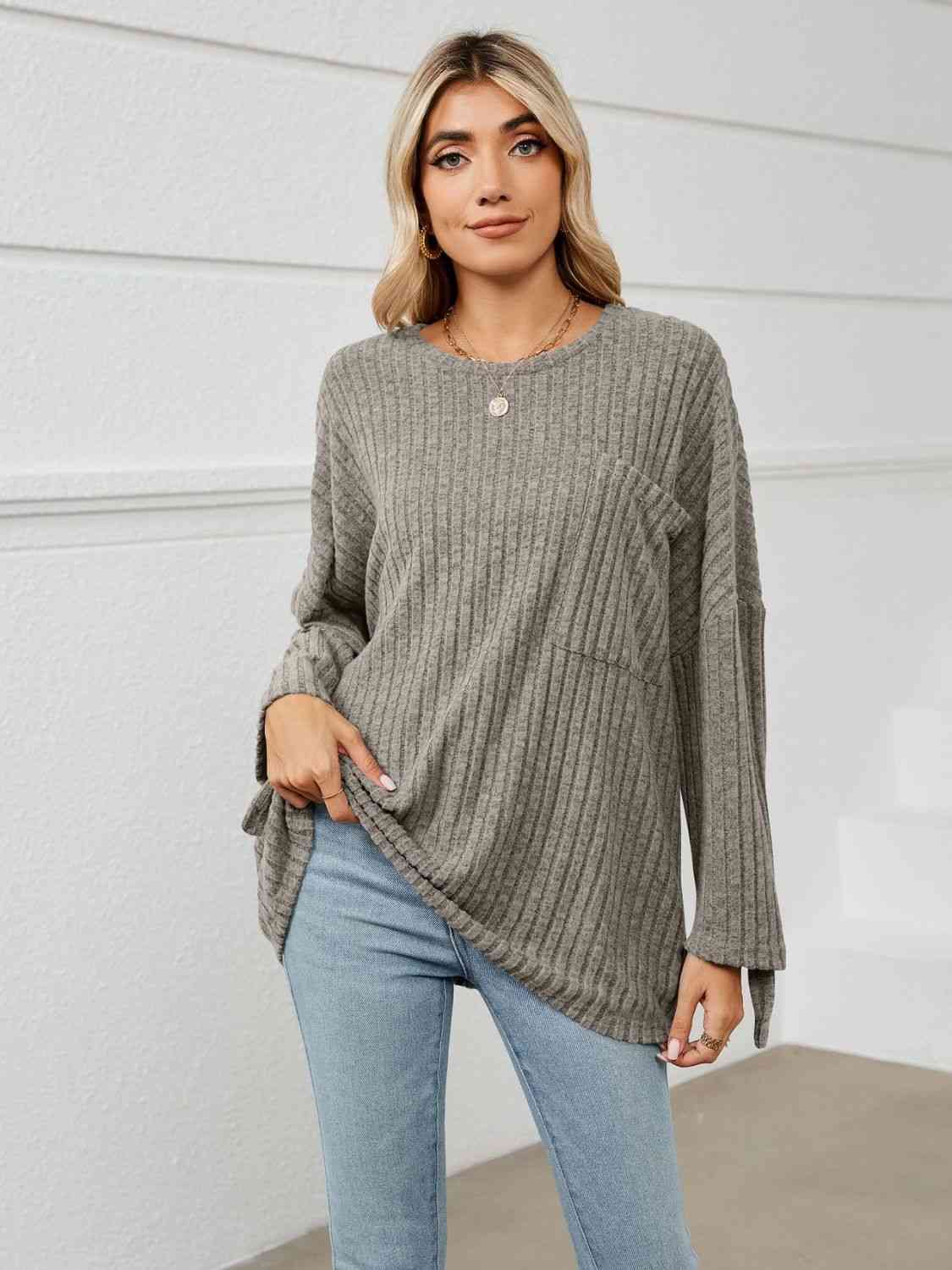 swvws Round Neck Ribbed Long Sleeve T-Shirt