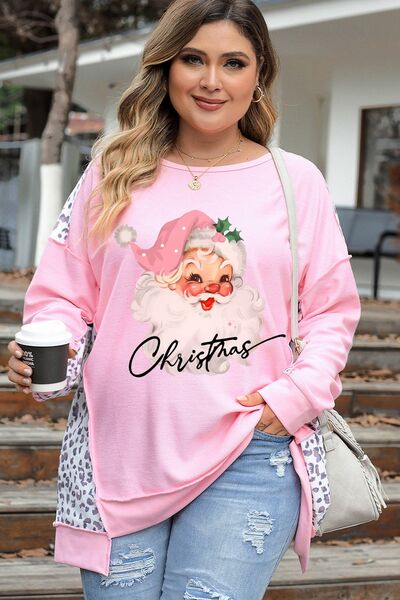 swvws Plus Size Santa Leopard Dropped Shoulder Sweatshirt