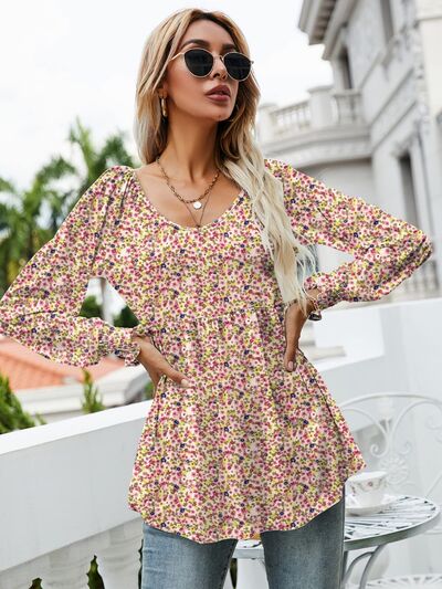 swvws Printed Scoop Neck Lantern Sleeve Blouse