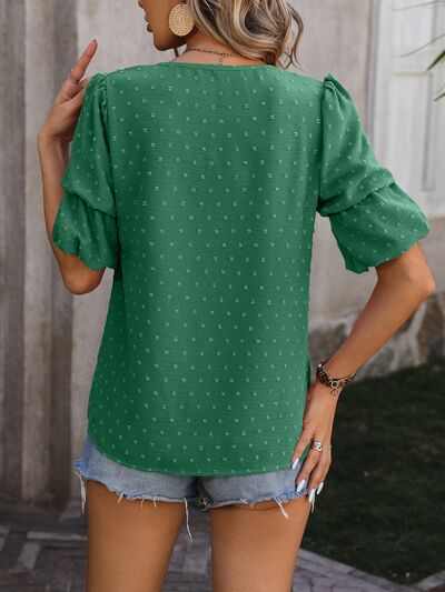 swvws Swiss Dot V-Neck Short Sleeve Blouse