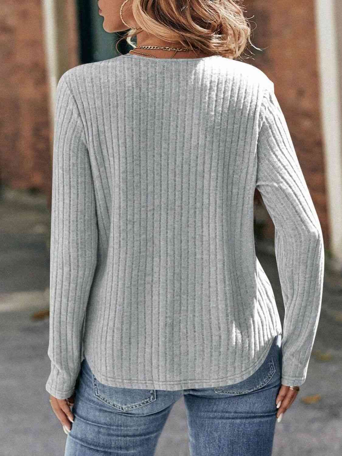 swvws Round Neck Ribbed Long Sleeve T-Shirt