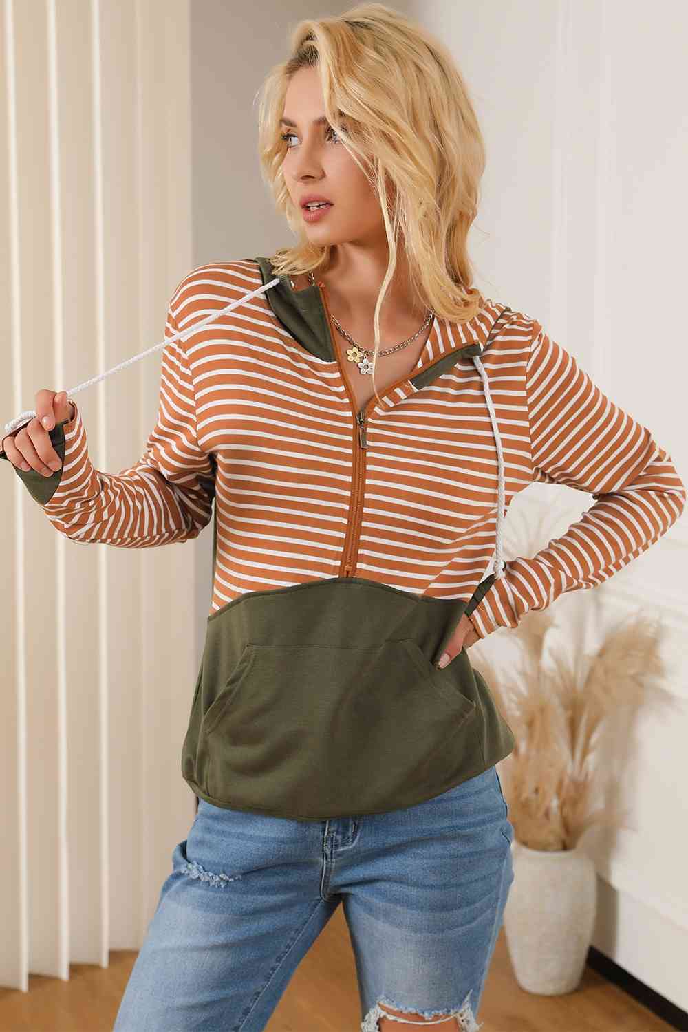 swvws Striped Color Block Drawstring Hoodie