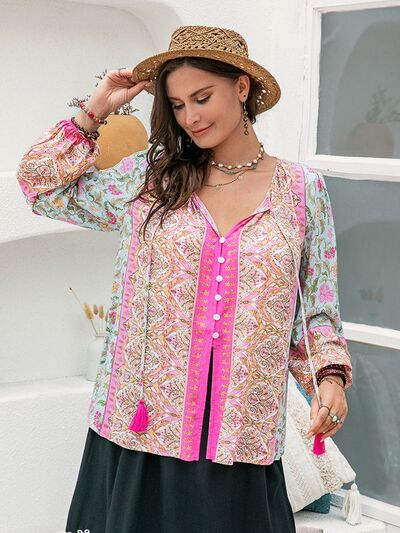 swvws Plus Size Tie Neck Tassel Printed Blouse