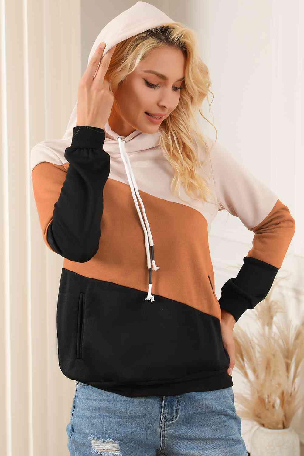 swvws Color Block Drawstring Hoodie with Pockets