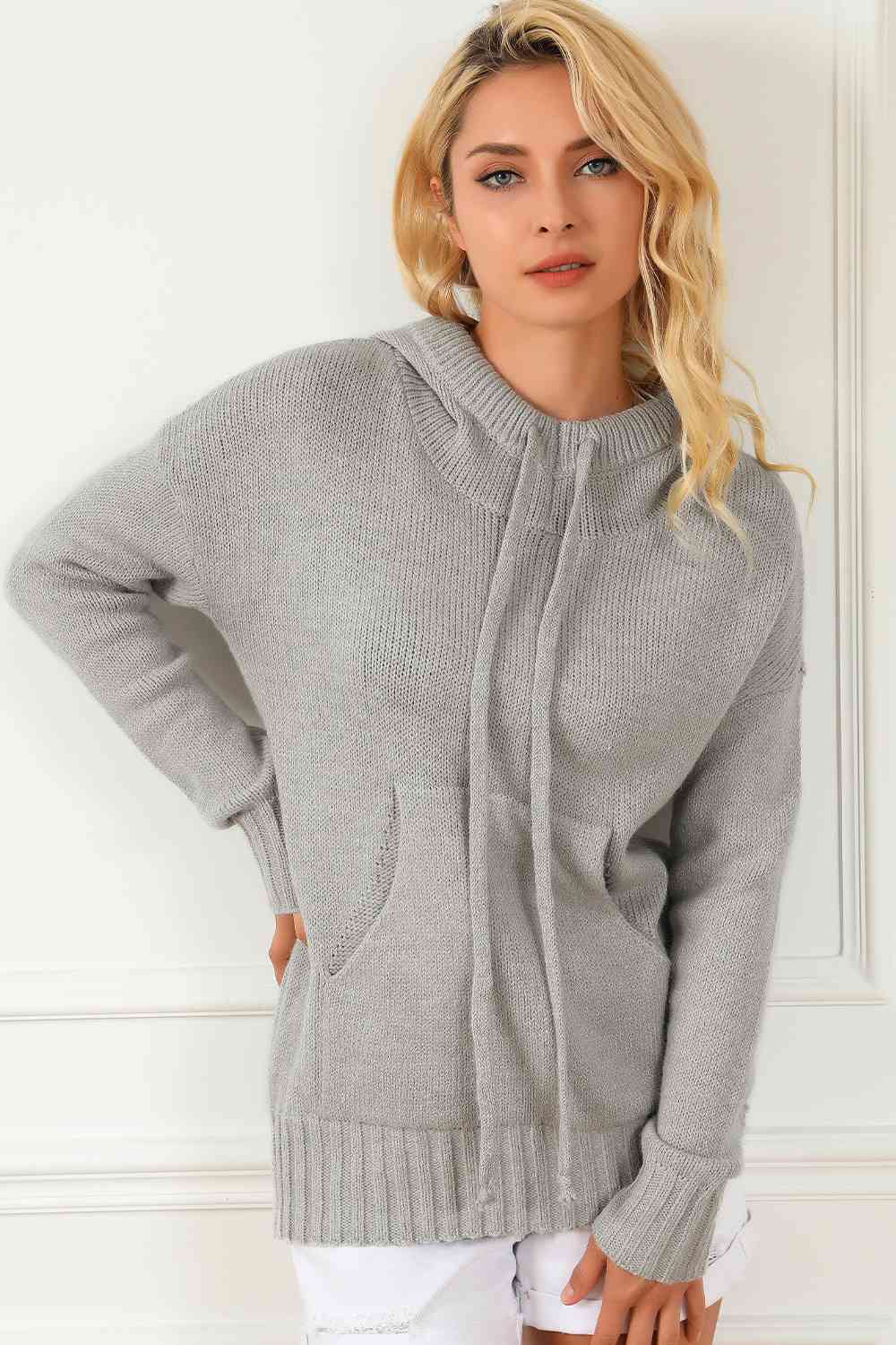 swvws Drawstring Hooded Sweater with Pocket