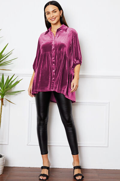 swvws Velvet Tiered Button Up Collared Neck Shirt