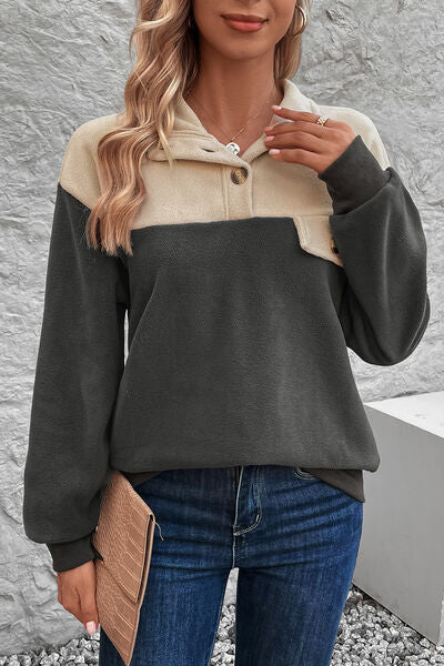 swvws Color Block Quarter Button Dropped Shoulder Sweatshirt