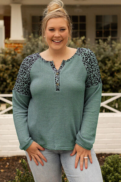 swvws Plus Size Leopard Waffle-Knit Long Sleeve T-Shirt