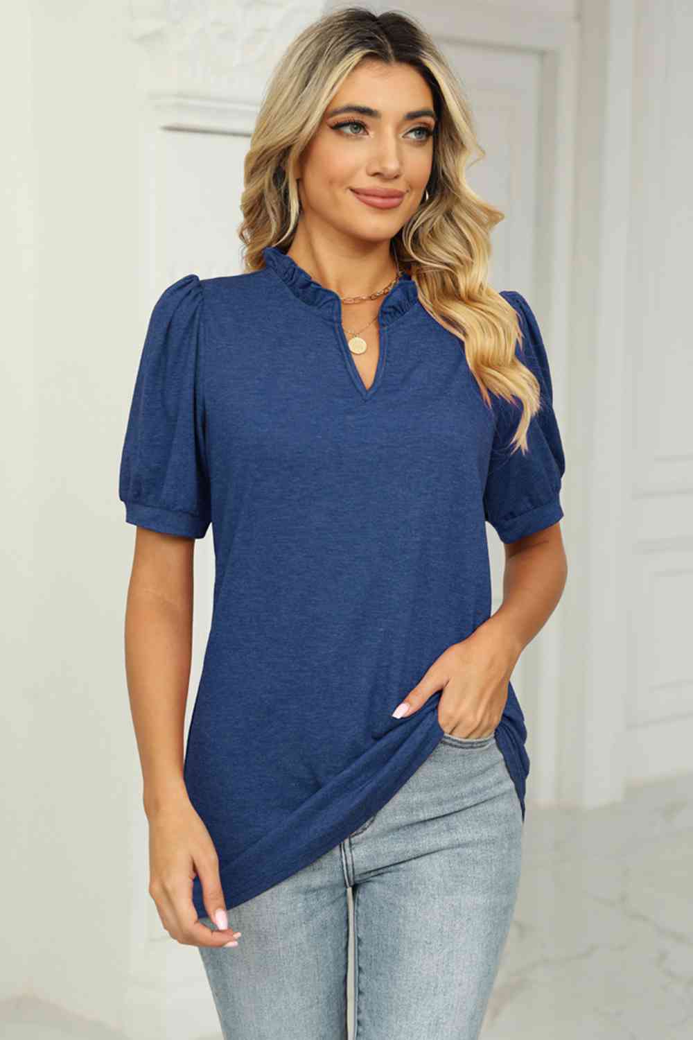 swvws Notched Neck Puff Sleeve T-Shirt