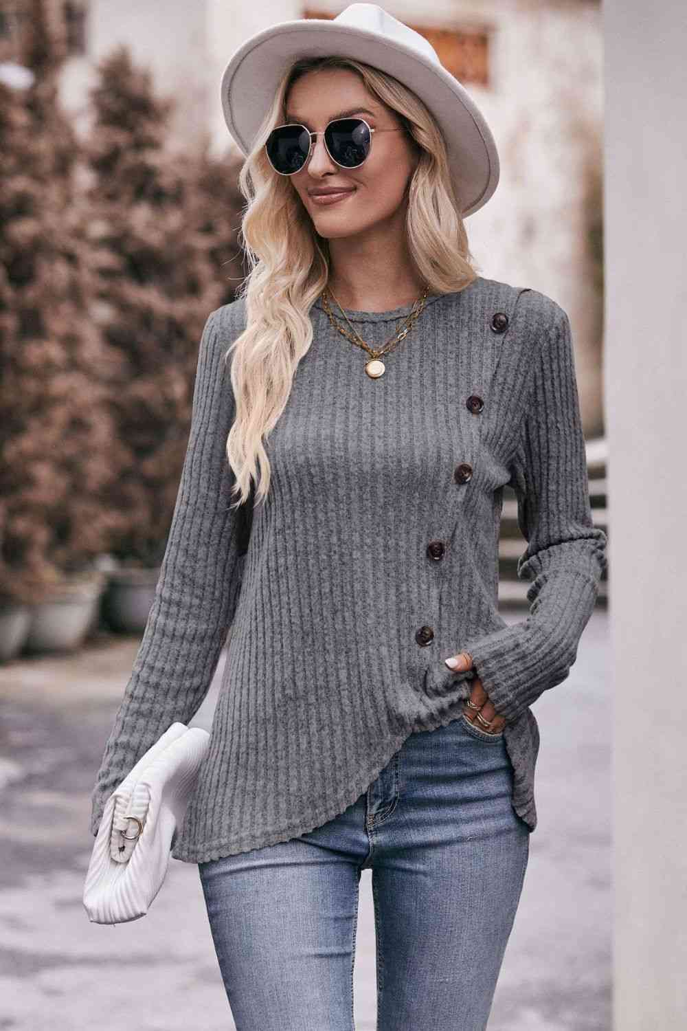 swvws Double Take Ribbed Round Neck Buttoned Long Sleeve Tee