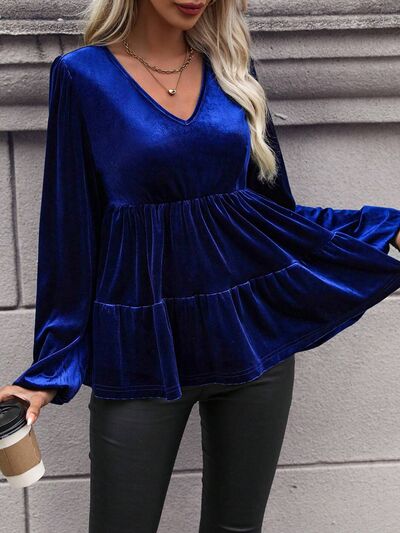 swvws V-Neck Balloon Sleeve Peplum Blouse