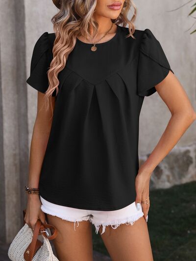 swvws Ruched Round Neck Petal Sleeve Blouse