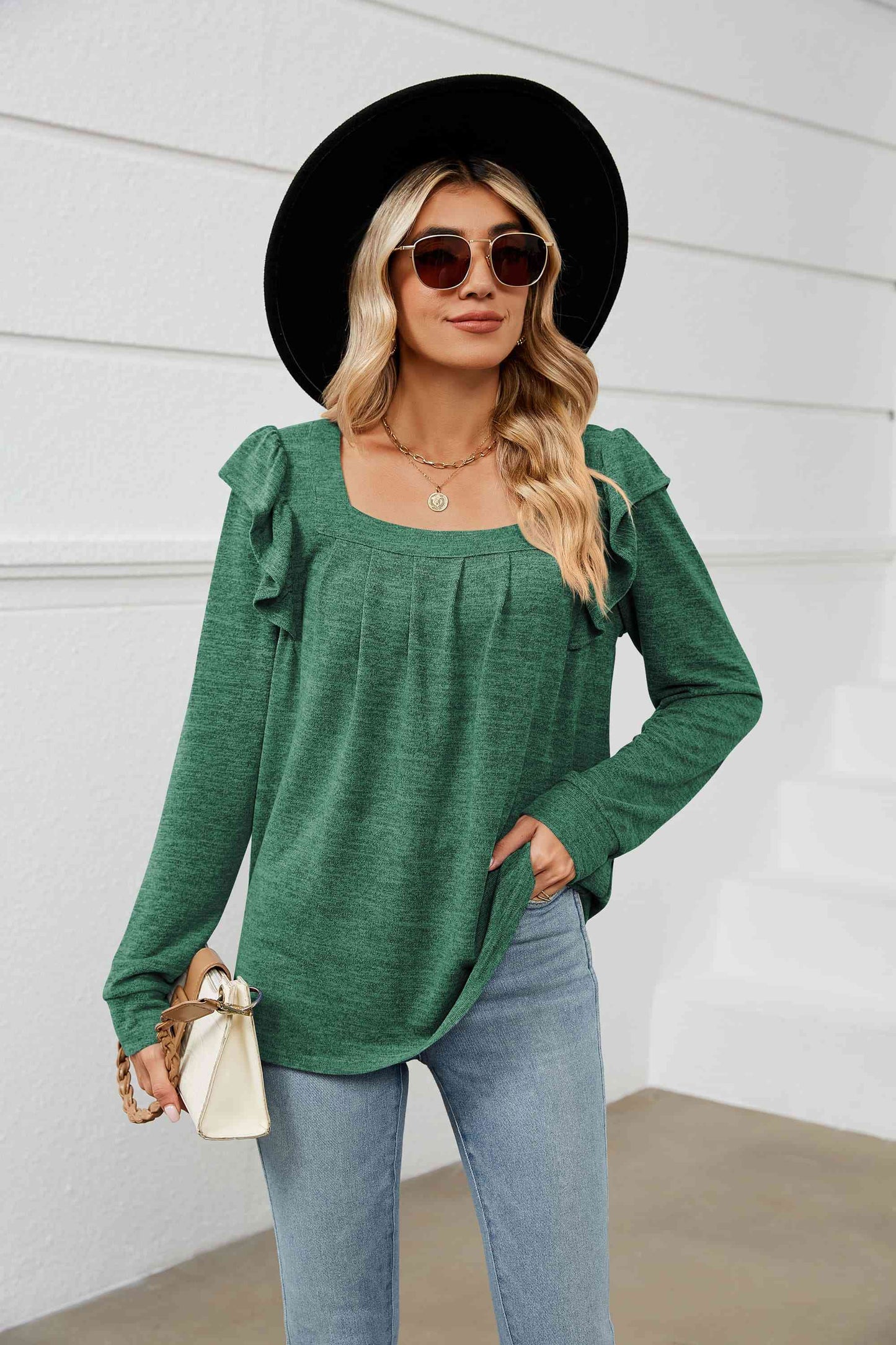 swvws Square Neck Ruffle Shoulder Long Sleeve T-Shirt