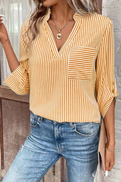 swvws Striped Notched Roll-Tab Sleeve Shirt