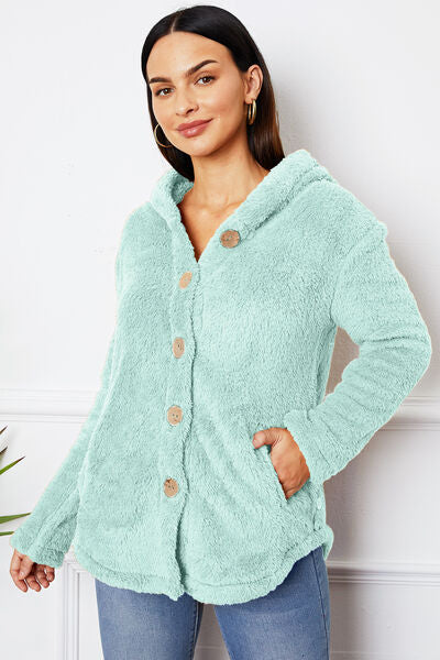 swvws Fuzzy Button Up Hooded Outerwear