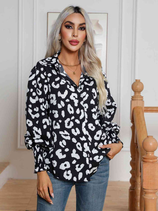 swvws Printed Collared Neck Buttoned Lantern Sleeve Shirt