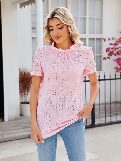 swvws Eyelet Frill Mock Neck Flounce Sleeve Blouse