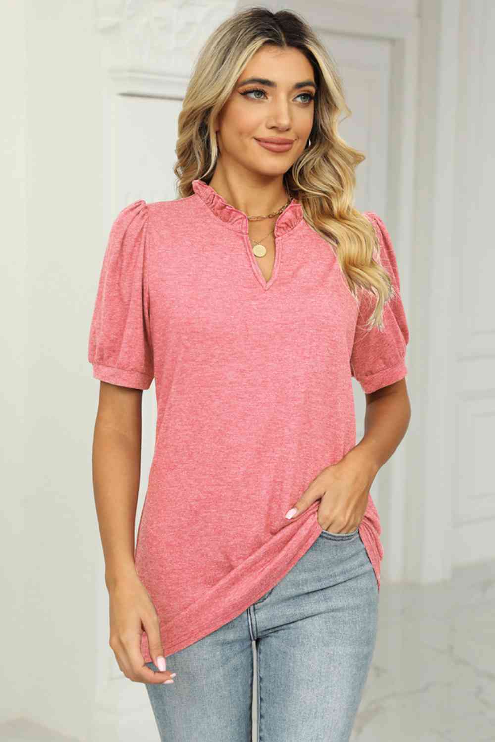 swvws Notched Neck Puff Sleeve T-Shirt