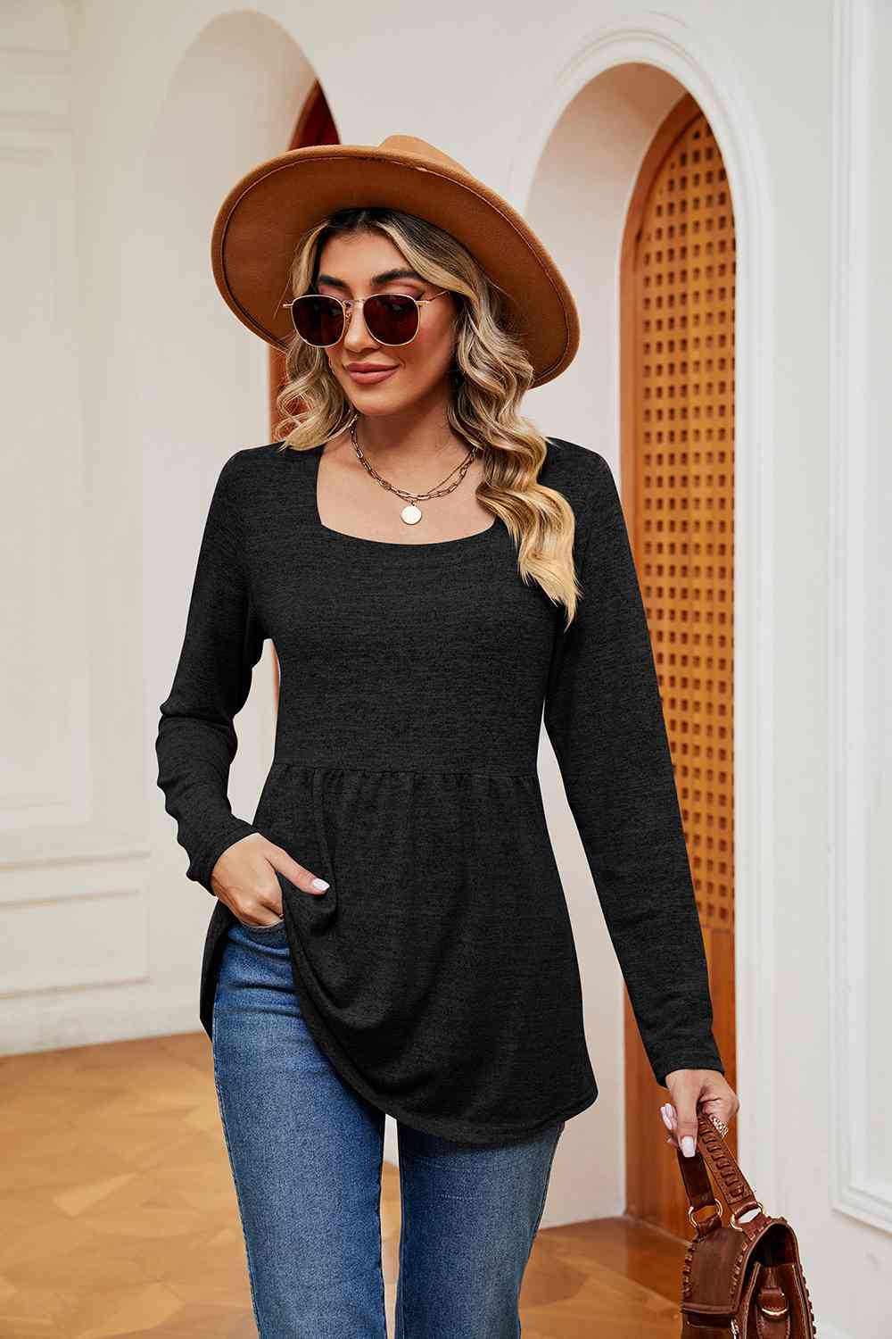 swvws Square Neck Long Sleeve Peplum Top