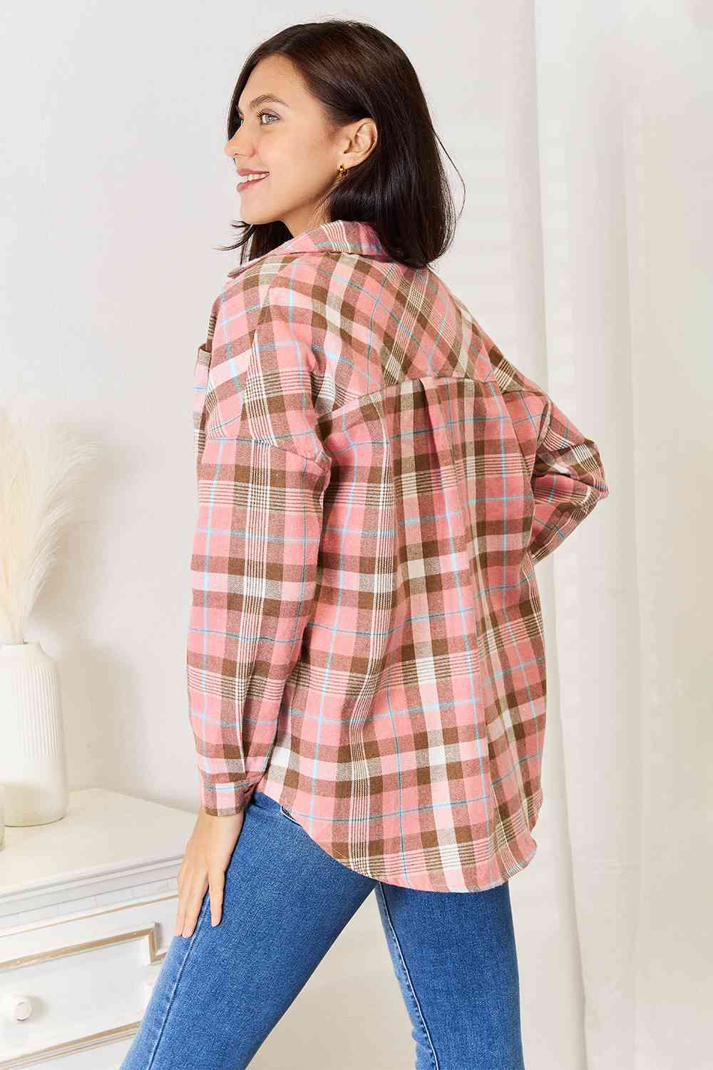 swvws Double Take Plaid Collared Neck Long Sleeve Button-Up Shirt