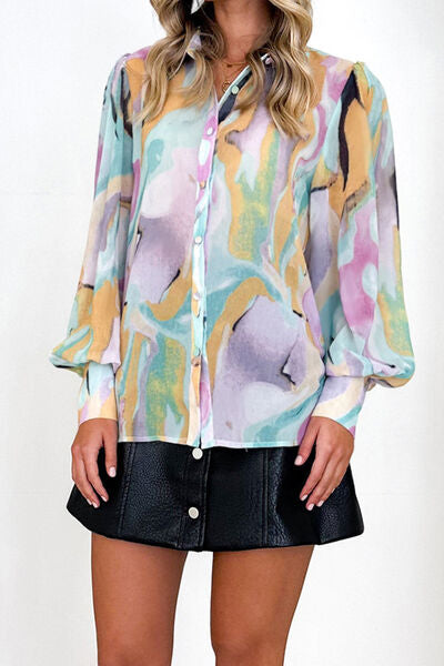 swvws Printed Button Up Lantern Sleeve Shirt