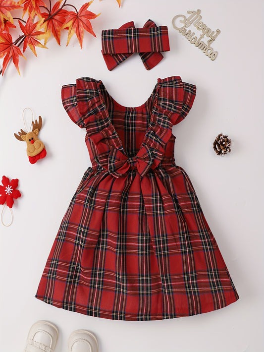 2pcs Plaid Toddler Girls Christmas Sets, Sleeveless Dress & Bow Headband Set for Party Gift Kids Clothes