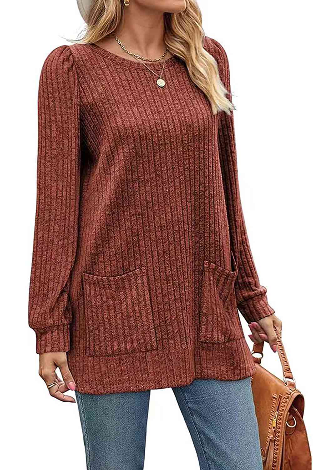 swvws Ribbed Round Neck Long Sleeve T-Shirt