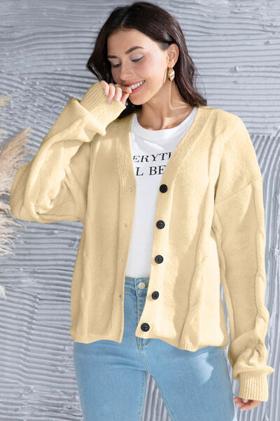 swvws Button Up V-Neck Drop Shoulder Long Sleeve Cardigan