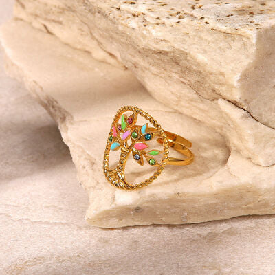 swvws Tree Shape Inlaid Zircon 18K Gold-Plated Ring