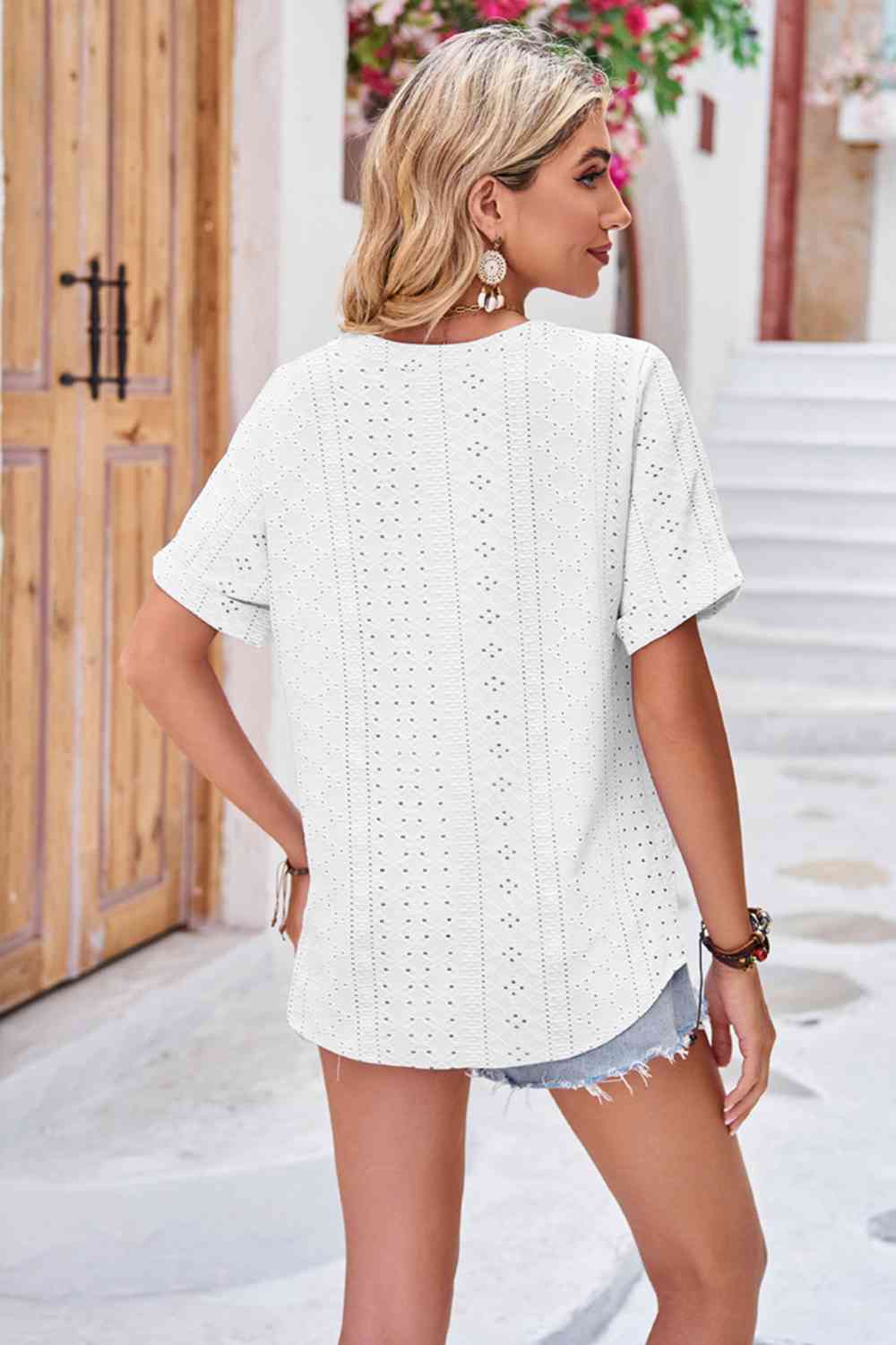 swvws Buttoned Notched Neck Eyelet Top