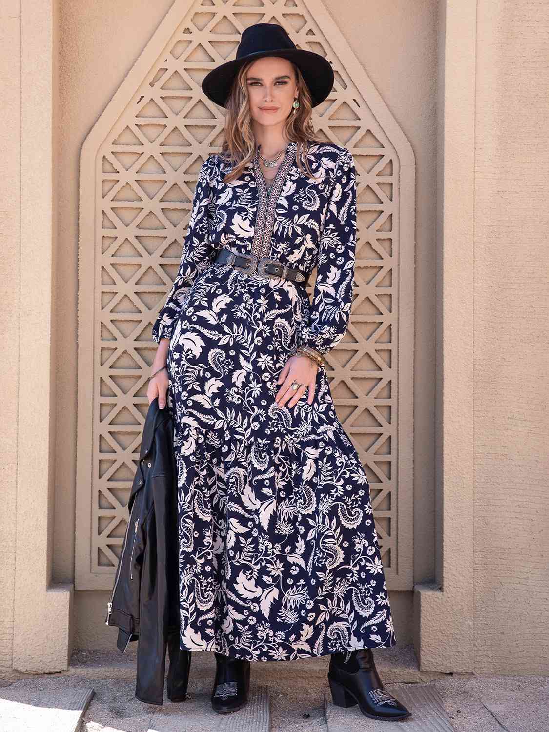 swvws Printed Notched Neck Maxi Dress