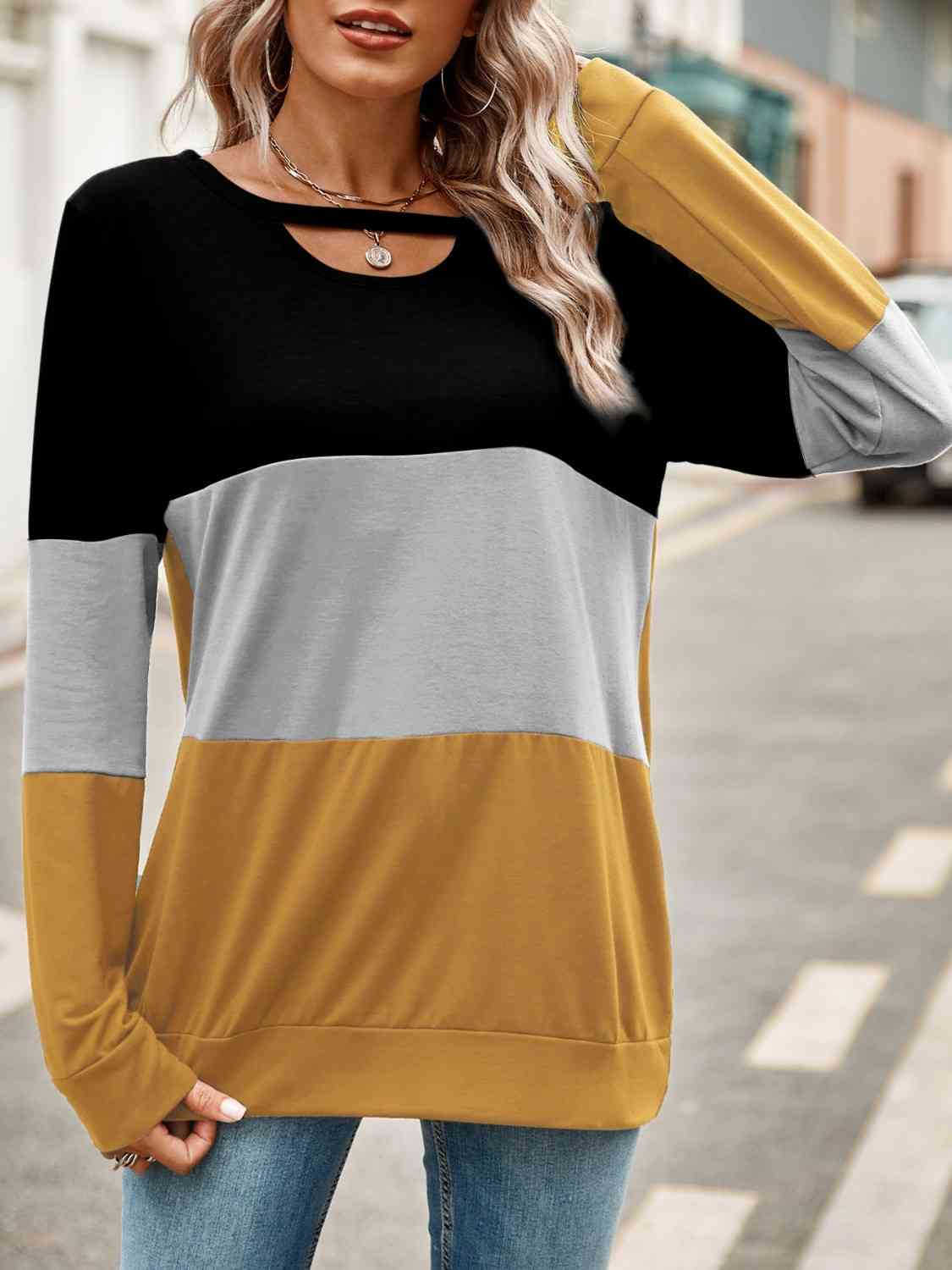 swvws Color Block Cutout Round Neck Long Sleeve T-Shirt